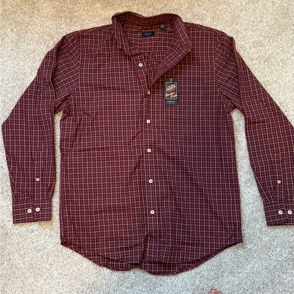 Arrow Men's Burgundy Plaid Button-Up Shirt, M, NWT